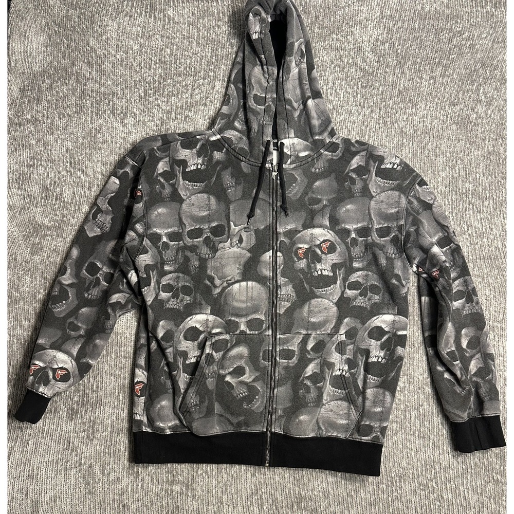 Vintage Famous Stars & Stripes Skulls Hoodie Zip Up XL HTF Rare Gray White Black